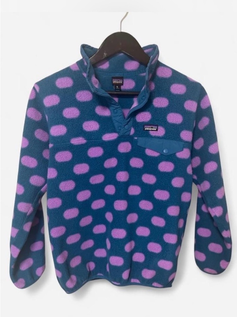 Patagonia Teal Fleece Pullover with Purple Polka Dots Size XL